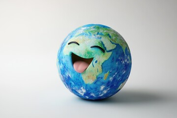 Fototapeta premium A playful 3D rendering of Earth with a smiling face and tongue sticking out, symbolizing a happy and healthy planet.