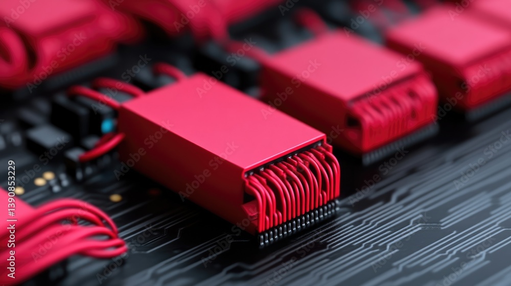 Aufkleber close-up of intricate circuit board with red components. detailed view of electrical connections and