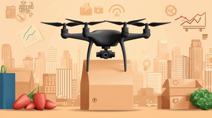 Groceries delivered by Drone; Financial graphs, Pepper and City Buildings illustrate real-time market changes and rapid urban delivery