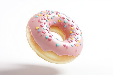A delicious pink donut adorned with colorful heart-shaped sprinkles, levitating against a white backdrop.