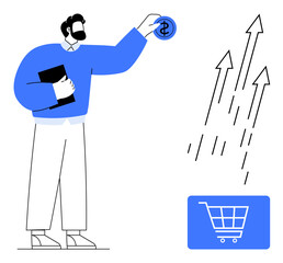 Person adding money symbol while holding document, rising arrows symbolizing growth, shopping cart icon. Ideal for finance, e-commerce, investment, business growth, marketing strategy success. Flat