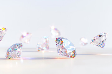 Scattered, floating sparkling diamonds reflecting rainbow light, creating magical, weightless effect. Concept of clarity gemstone minimalism, sense of purity and airy in pastel aesthetic. Copy space