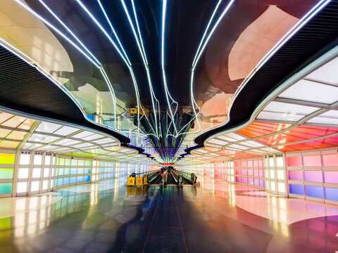 Underground light bridge connecting United Airlines Terminals 1B and 1C at Chicago O'Hare International Airport in Chicago, Illinois
