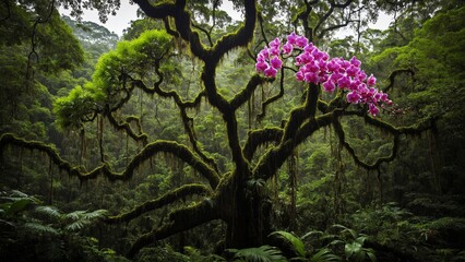 Obraz premium Mystical Forest Canopy Adorned with Moss and a Vibrant Spray of Pink Orchids, a Paradise for Nature Enthusiasts.