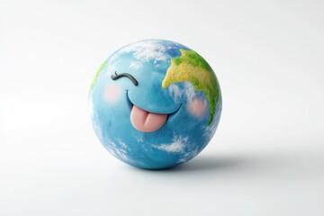 Fototapeta premium Playful Earth globe with a smiling face and tongue sticking out, representing environmental awareness.