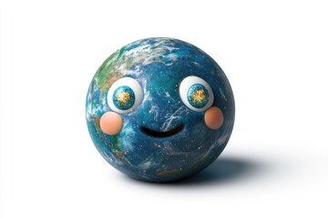 A smiling Earth globe with cartoon eyes, showcasing continents and stars.