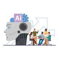 Professional team working alongside artificial intelligence, modern workplace innovation illustration
