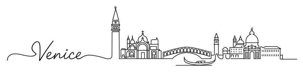 Fototapeta premium Stunning endless outline of Venice showcasing iconic architecture along the Grand Canal at dusk. Venice skyline logo.