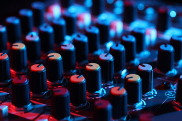 Professional mixing console, closeup. Radio studio equipment