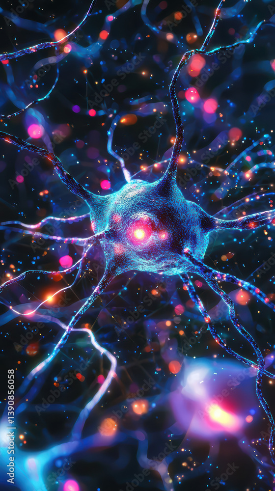 Poster mystical neuron: a visually captivating image showcasing the intricate beauty of a neuron, with vibr