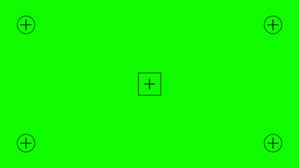 Greenscreen template. Green background with tracking black cross marks. Chromakey video technology to add visual effects or VFX in footage during movie post-production phase. Vector flat illustration.