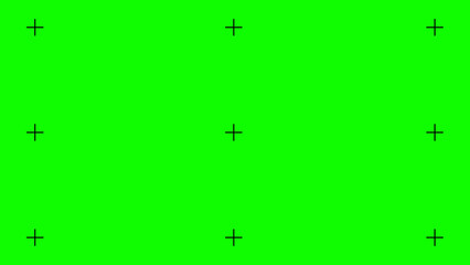 Greenscreen template. Green background with tracking black cross marks. Chromakey video technology to add visual effects or VFX in footage during movie post-production phase. Vector flat illustration.
