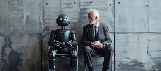 AI robot sitting on a chair next to an elderly man with coffee, both waiting for a job interview. AI vs human concept.Technology coexisting people professional environment artificial intelligence