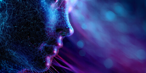 Abstract image of a face formed by blue and purple glowing particles, set against a dark, blurred background, suggesting concepts of technology, AI, or digital identity