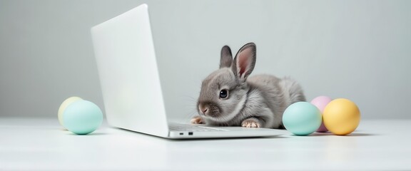 Adorable gray rabbit resting by a laptop and colorful Easter eggs on a minimal light background. Perfect for seasonal, holiday, or springtime themes showcasing animals and technology interaction.

