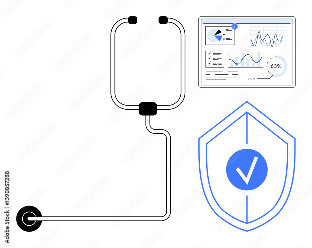 Aufkleber stethoscope beside analytical dashboard with health statistics and security checkmark shield. ideal 