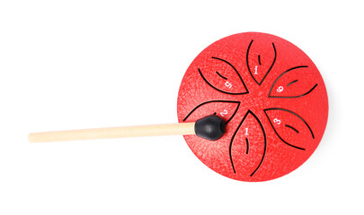 Toy tongue drum with mallet isolated on white, top view. Child's musical instrument