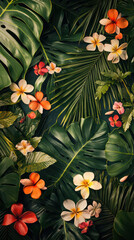 Fototapeta premium Tropical Paradise: A vibrant tapestry of tropical flora unfolds, where lush green leaves intertwine with a symphony of colorful blooms.