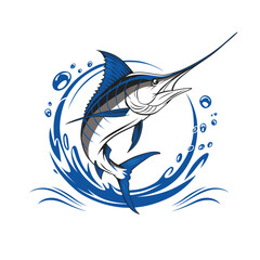Illustration of a marlin fish leaping out of the water, surrounded by splashes and bubbles