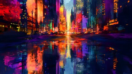 Naklejka premium Cityscape buildings at night reflected in water with colorful lights and dark sky.