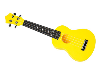 Yellow toy guitar isolated on white. Child's musical instrument