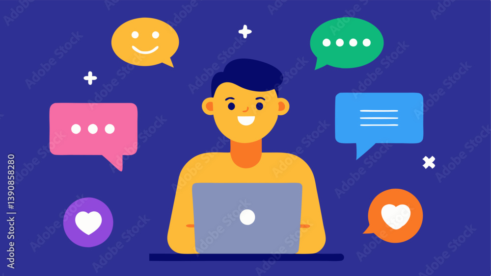 Poster audience interaction a graphic depicting a person reading comments and messages on their screen with