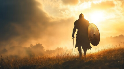 Silhouette of a warrior atop a hill at sunrise, holding sword and shield, symbolizing leadership, courage, and faith like Joshua, overlooking a blurred modern battlefield below.

