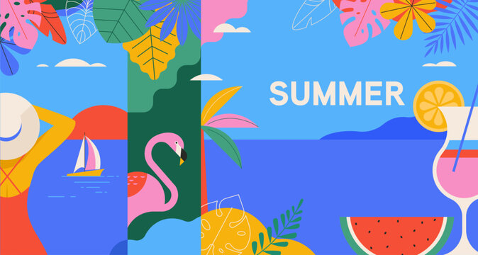 Colorful Geometric Summer and Travel Background, poster, banner. Summer time fun concept design promotion design. Vector illustration