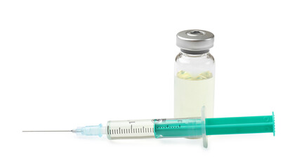 Hepatitis vaccine in glass vial and syringe isolated on white