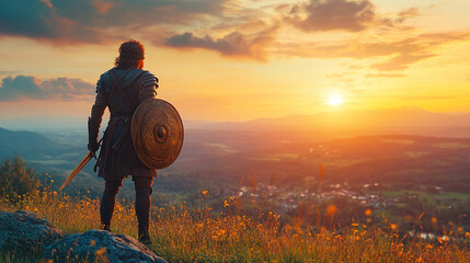 Silhouette of a warrior atop a hill at sunrise, holding sword and shield, symbolizing leadership, courage, and faith like Joshua, overlooking a blurred modern battlefield below.

