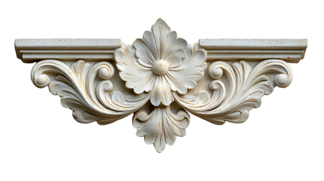 Intricate white floral architectural molding with elegant swirls and detailed carvings.
