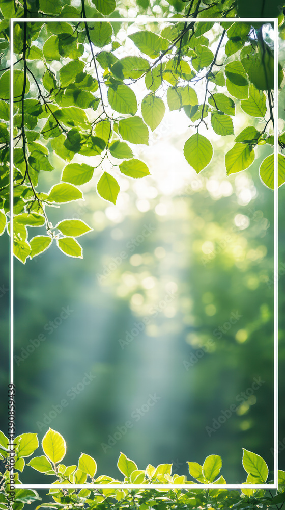 Poster lush canopy: a refreshing view of tree with green leaves as the soft sunlight filters through, creat
