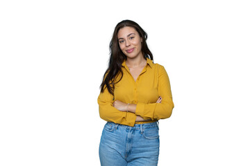 Studio portrait of a smiling young latin businesswoman exuding confidence with crossed arms, on a transparent background
