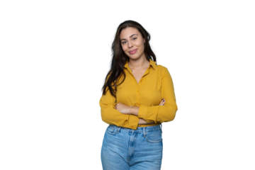 Studio portrait of a smiling young latin businesswoman exuding confidence with crossed arms, on a transparent background