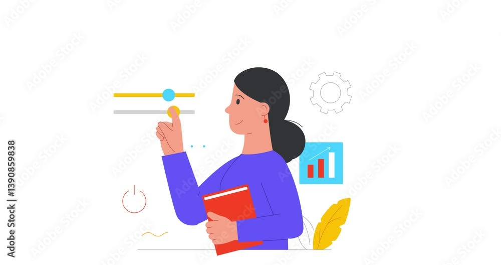 Poster workflow optimization. moving banner with female entrepreneur or employee interacting with business 
