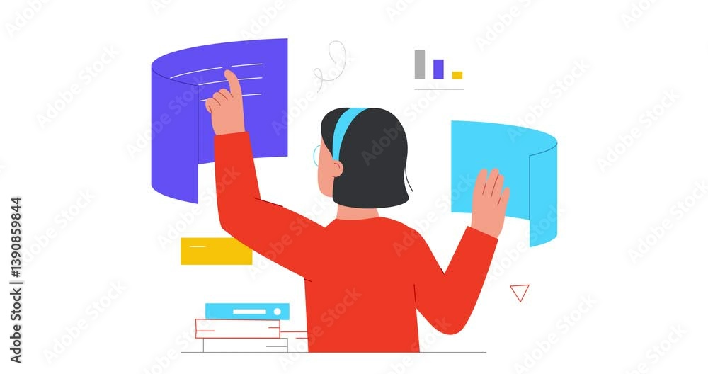 Poster workflow optimization. moving banner with female entrepreneur or analyst interacting with business s