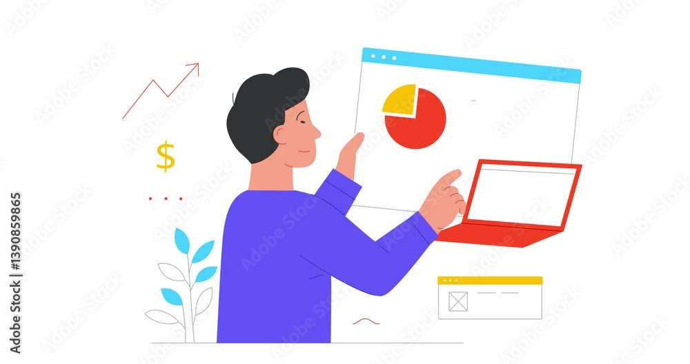 Poster workflow optimization. moving banner with male entrepreneur or office employee working on laptop ana