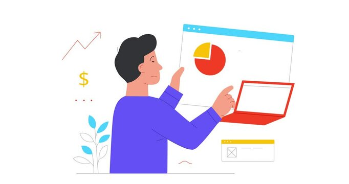 Workflow optimization. Moving banner with male entrepreneur or office employee working on laptop analyzing statistics for company growth and development. Flat outline animated graphics