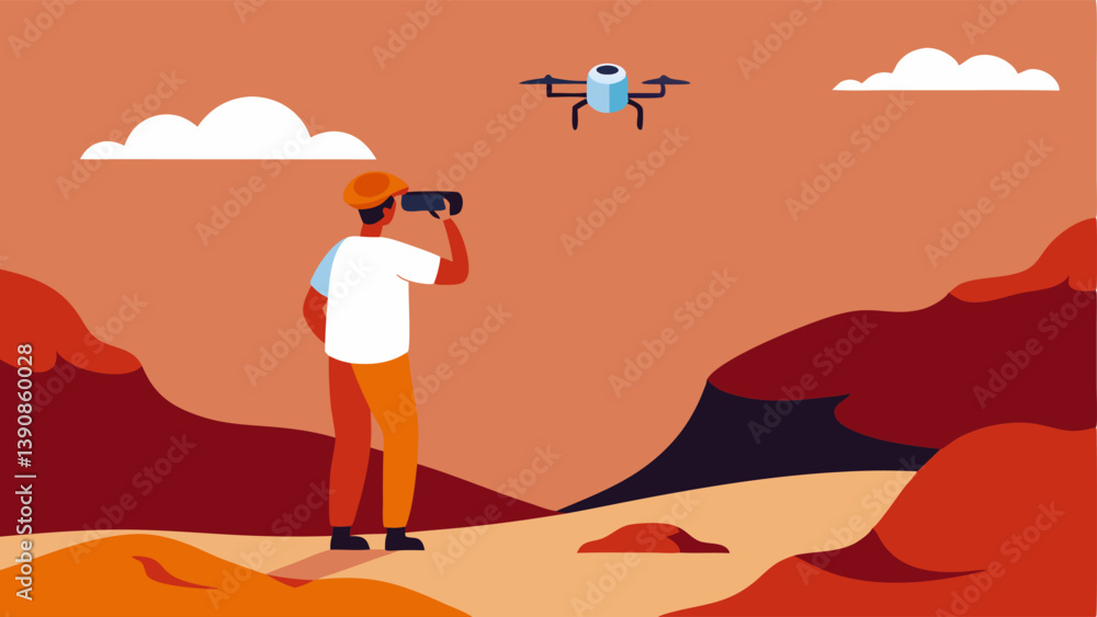 Poster collecting imagery a drone capturing aerial images of a rugged landscape with a mapping expert obser