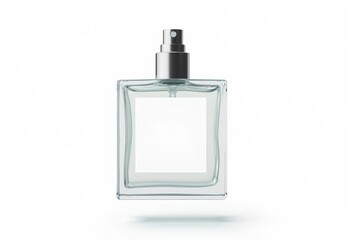 perfume bottle isolated on white, Floating square glass perfume bottle with blank label, metallic spray nozzle