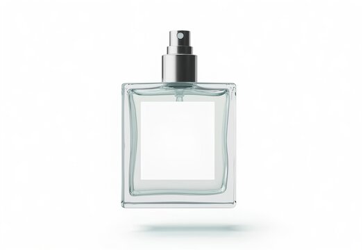 perfume bottle isolated on white, Floating square glass perfume bottle with blank label, metallic spray nozzle