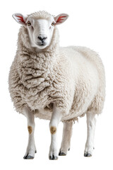 Fototapeta premium Fluffy sheep standing calmly with its woolly fleece on bright white background Generative AI