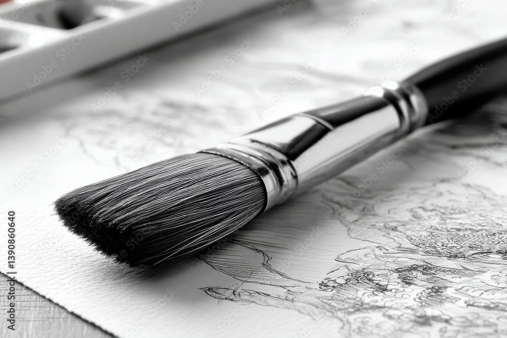 Poster a detailed close-up of a paintbrush resting on a sketch, highlighting the artistic process and atten