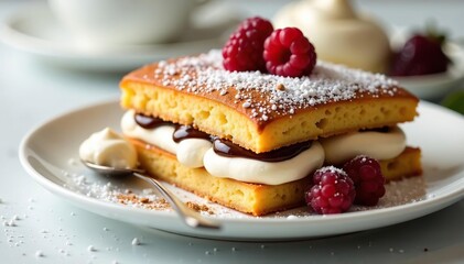 Classic Italian dessert, layered coffee-soaked ladyfingers and mascarpone cream , closeup, plate, cream