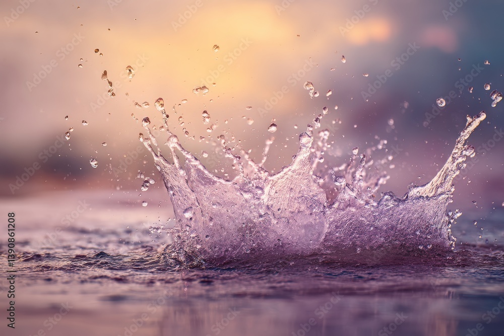 Poster captivating splash of water frozen in time against a soft, ethereal sunset backdrop, creating a mesm
