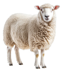 Fototapeta premium Sheep standing on a white background with fluffy wool and a calm expression Generative AI