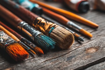 Fototapeta premium A close-up shot of a collection of well-used paintbrushes with colorful bristles, resting on a rustic wooden surface, suggesting artistic creativity and craftsmanship.