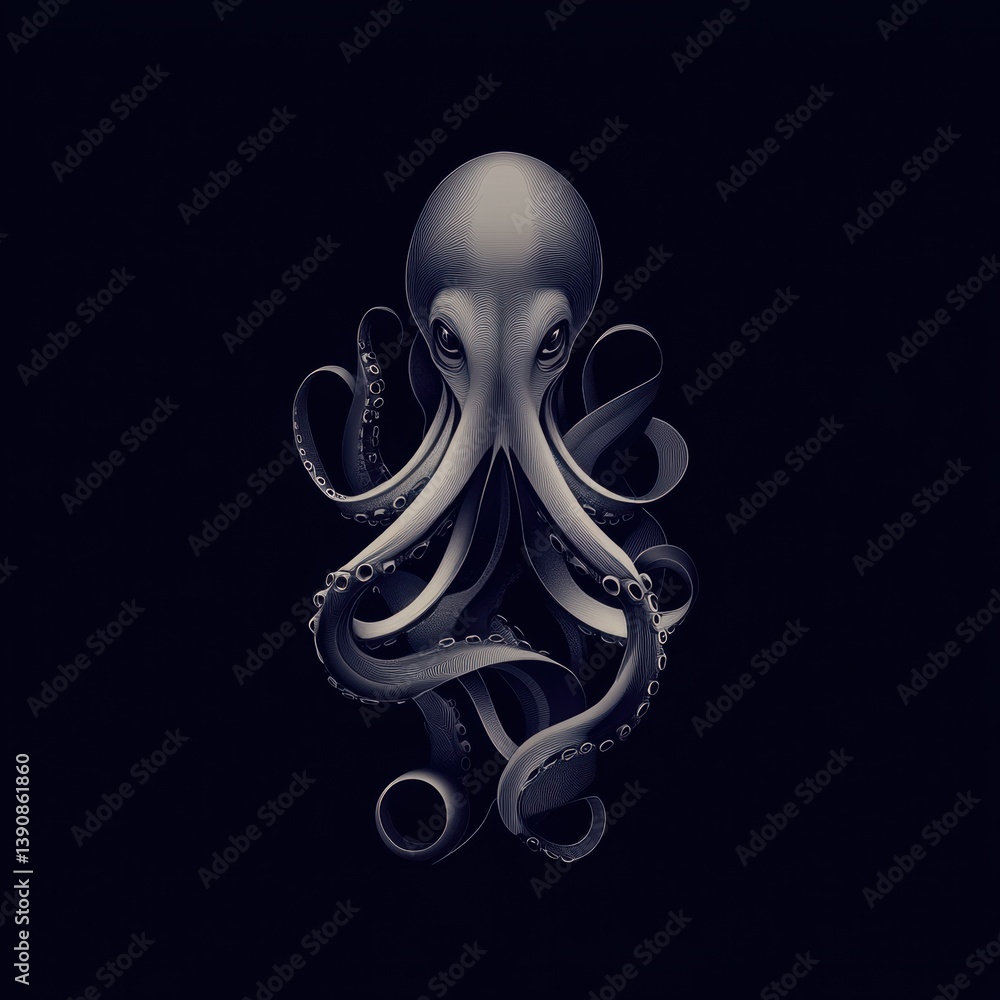 Poster crafting a modern kraken design with geometric patterns emerging from deep ocean waves