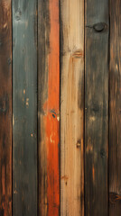 Naklejka premium Rustic Wood Panels: An eye-level shot of vertical rustic wood panels, each displaying unique grains, textures, and vibrant color variations, showcasing natural warmth and organic character.