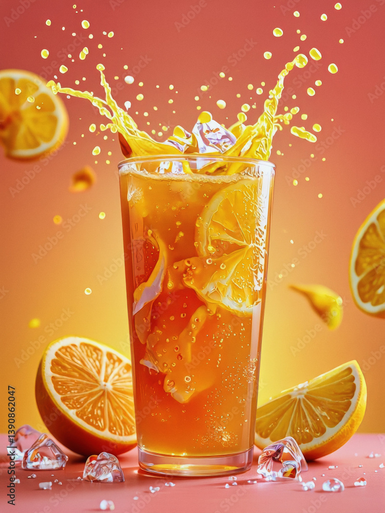 Poster vivid design food and beverage advertisement: a refreshing glass of orange juice with ice cubes and 